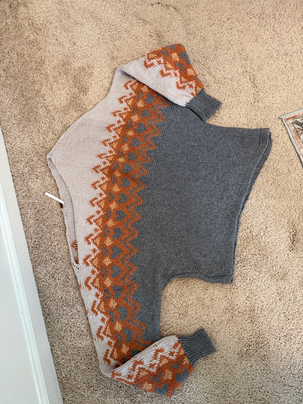 Free People Grey Cream and Rust Fair Isle Off-Shoulder Sweater